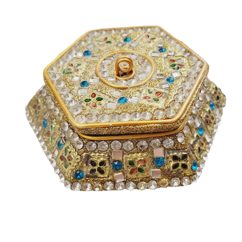 Vintage Two's Company Bejeweled Gold Trinket Box India Made 90s Jewelry Box Cute